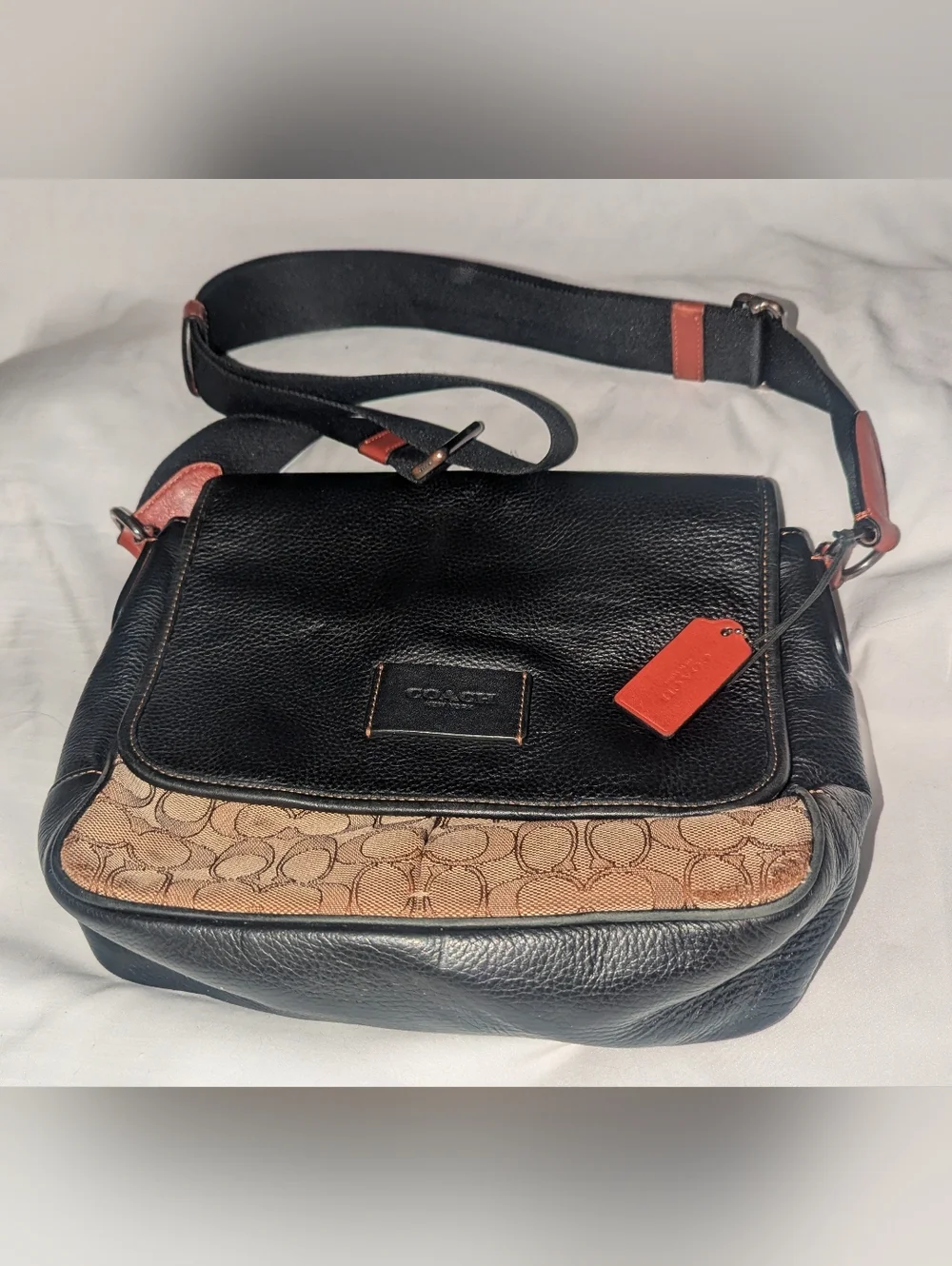 Coach Sprint Map Bag 25 Black Leather & Brown Signature Messenger Bag